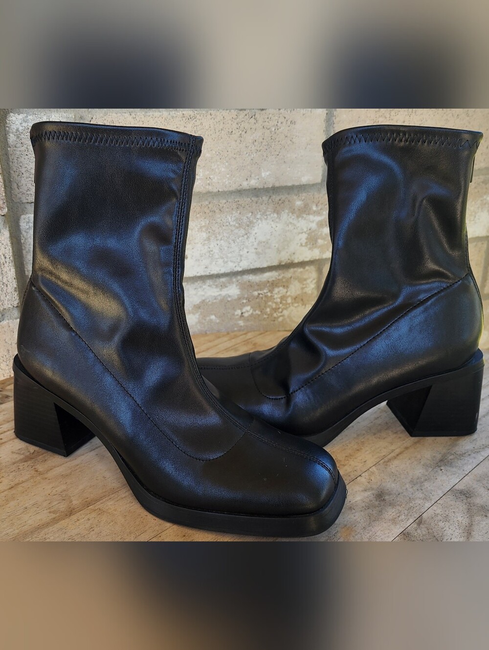 ZARA 7.5 38 Black Stretch Square Toe Chunky Block Heel Back Zip Sock Boots GUC